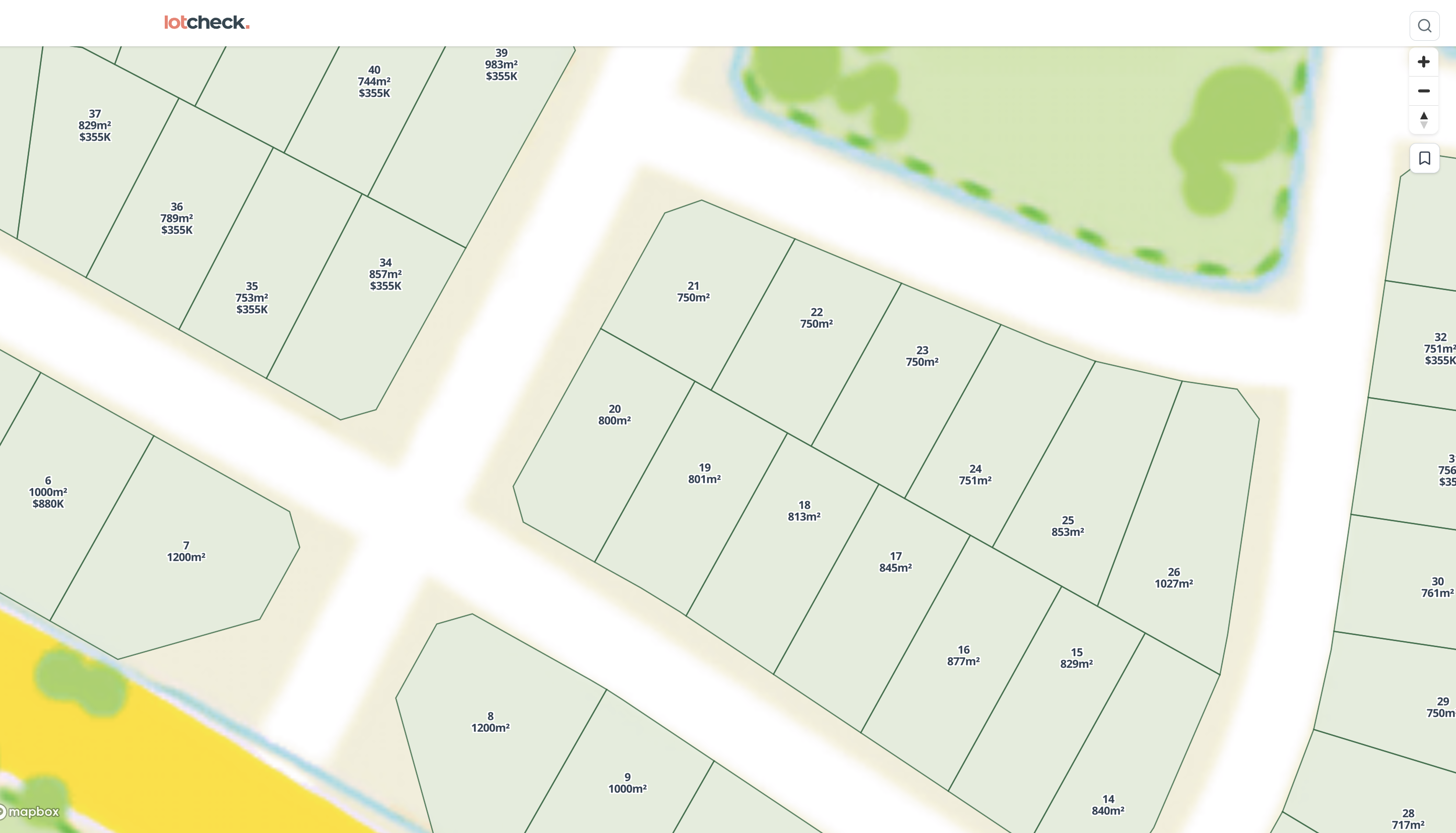 LotCheck interactive estate map showing lot sizes and zoning