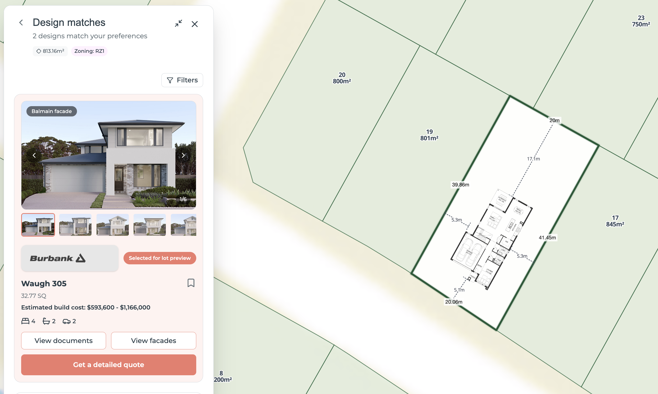 Builder floor plan overlaid on a real lot with setback dimensions