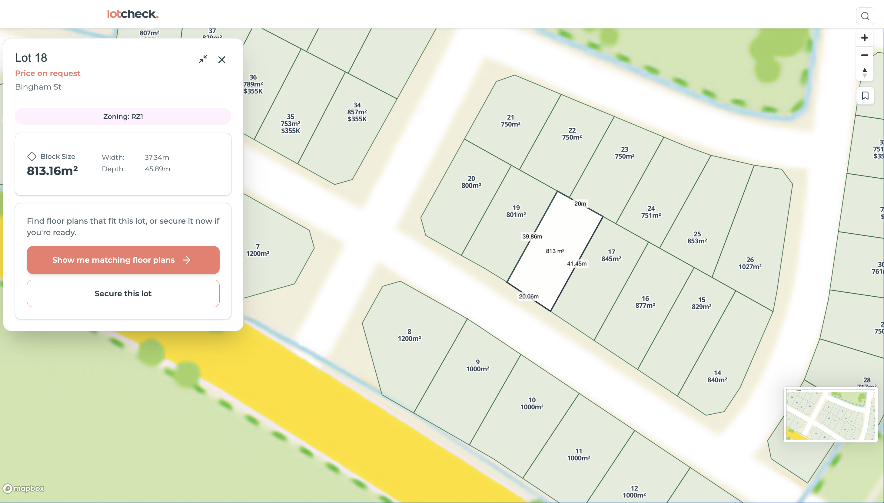 Lot detail panel with block size and secure-this-lot call to action